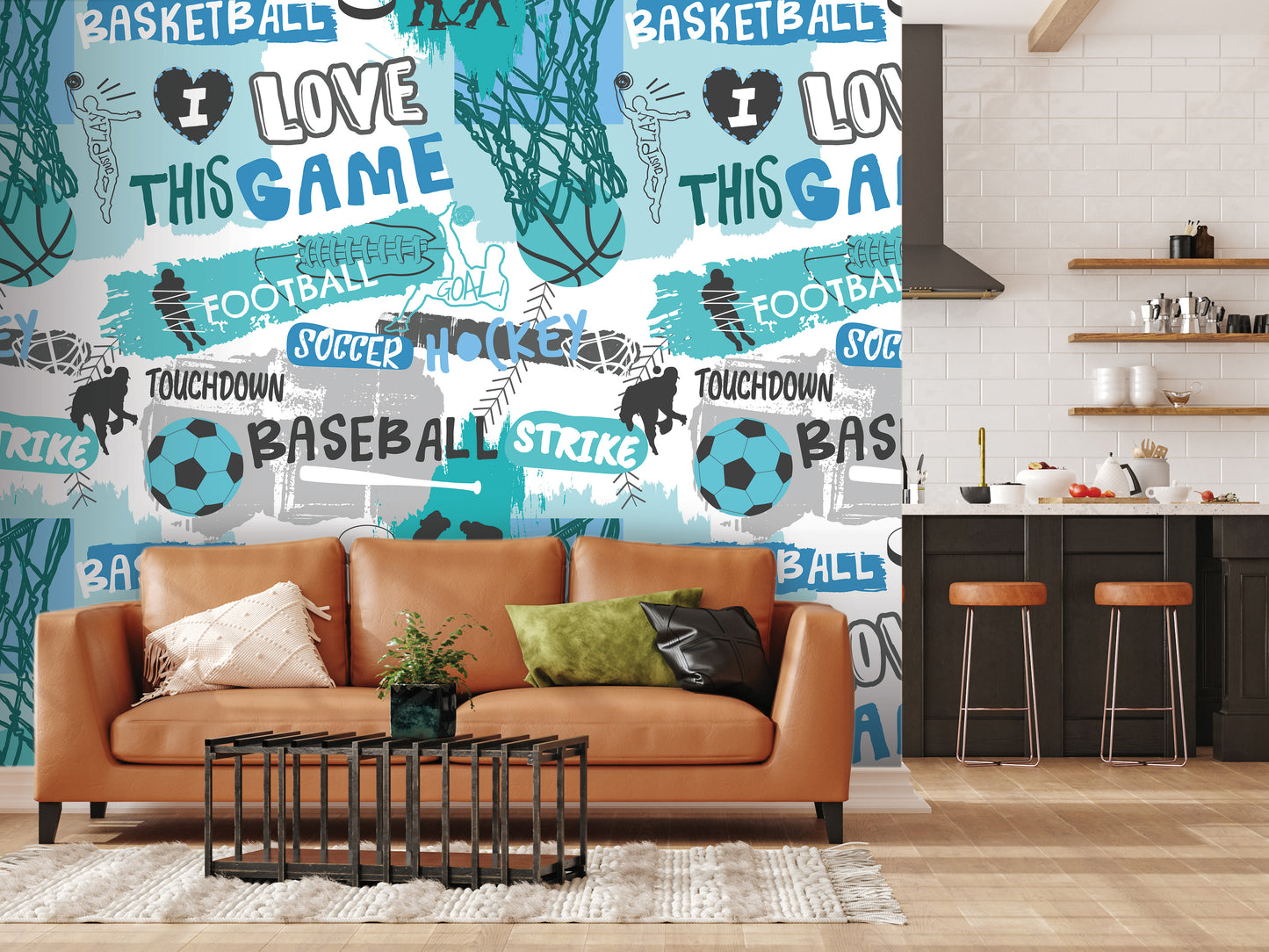 a living room filled with furniture and a wall mural