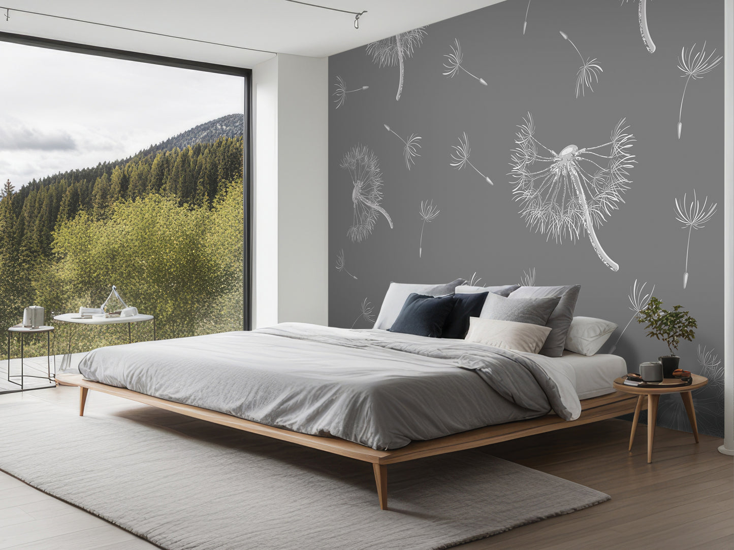 a modern bedroom with a large bed, a nightstand, and a large window overlooking a forested area.