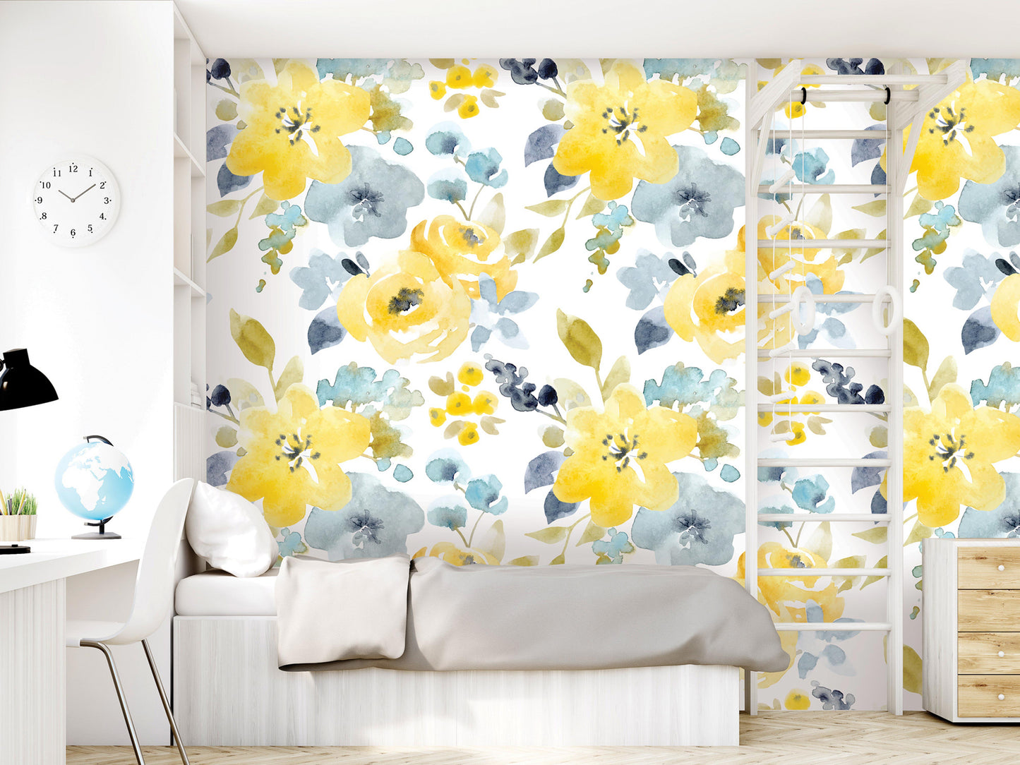 a bedroom with a floral wallpaper featuring yellow and blue flowers. The room has a bed, a dresser, and a clock on the wall.