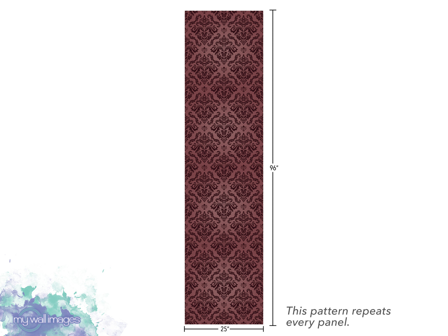 a vertical panel with a repeating pattern of a floral design in burgundy color. The panel is approximately 25 inches tall.