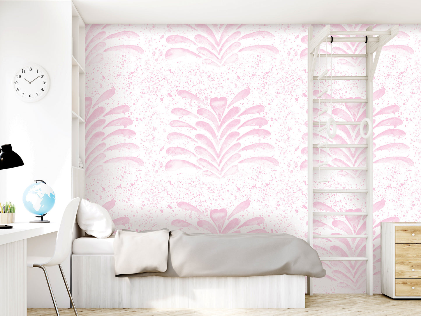 a bedroom with a bed, a ladder, a clock, and a globe on a desk. The walls are covered in a pink and white patterned wallpaper, and the room has a minimalist and modern design.