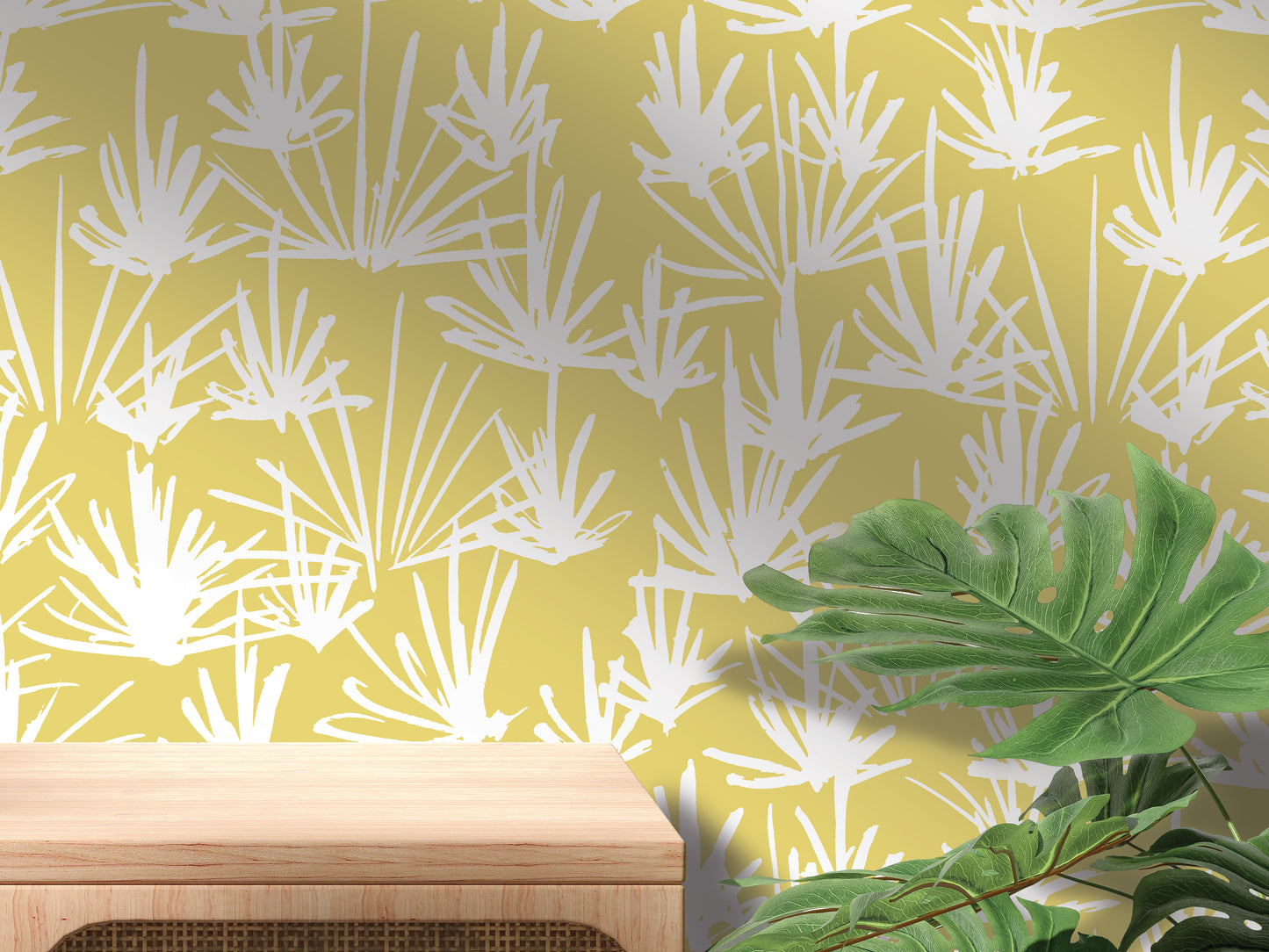 a wooden table with a plant on top of it, set against a yellow and white patterned wall.