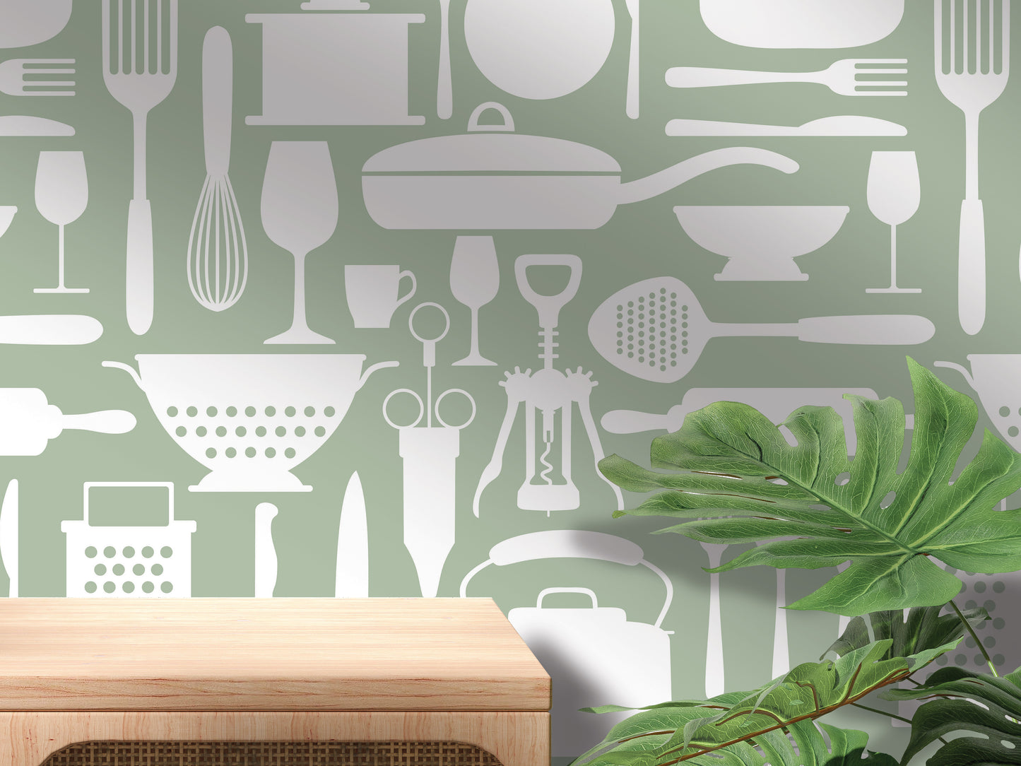 a green kitchen wall with utensils and cooking utensils