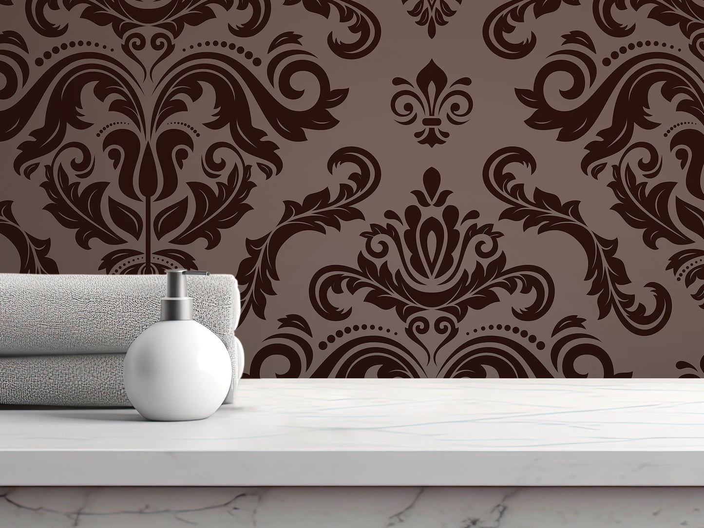 a white bottle of soap on a marble countertop, with a decorative brown and black damask wallpaper in the background.