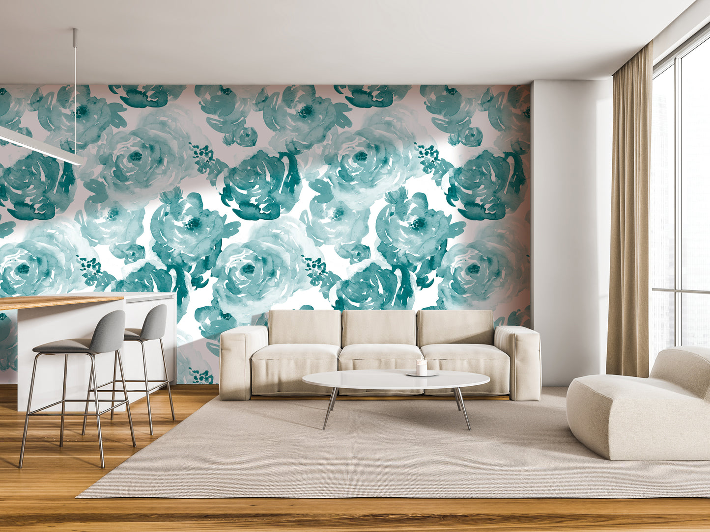a modern living room with a large floral wallpaper on the wall behind the sofa. The room has a white sofa, a round coffee table, and a wooden floor. There are also two barstools and a window in the background.