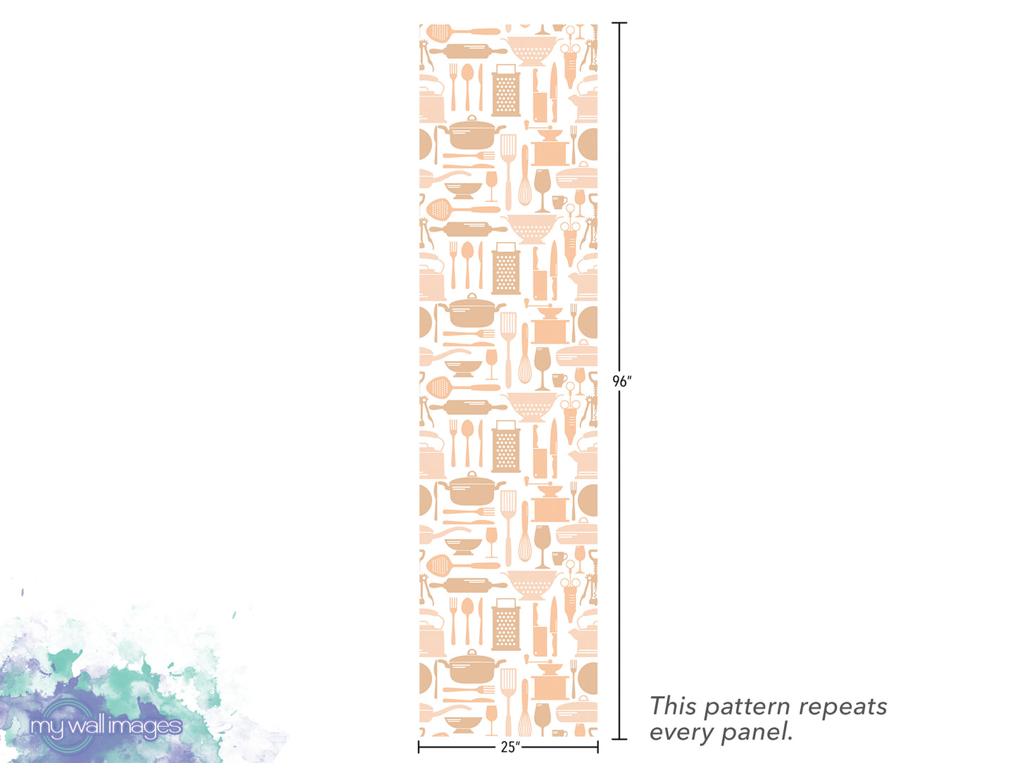 The image is a repeating pattern of kitchen utensils, such as spoons, bowls, and measuring cups, arranged in a vertical column. The pattern repeats every panel, and the image is 25 inches tall.