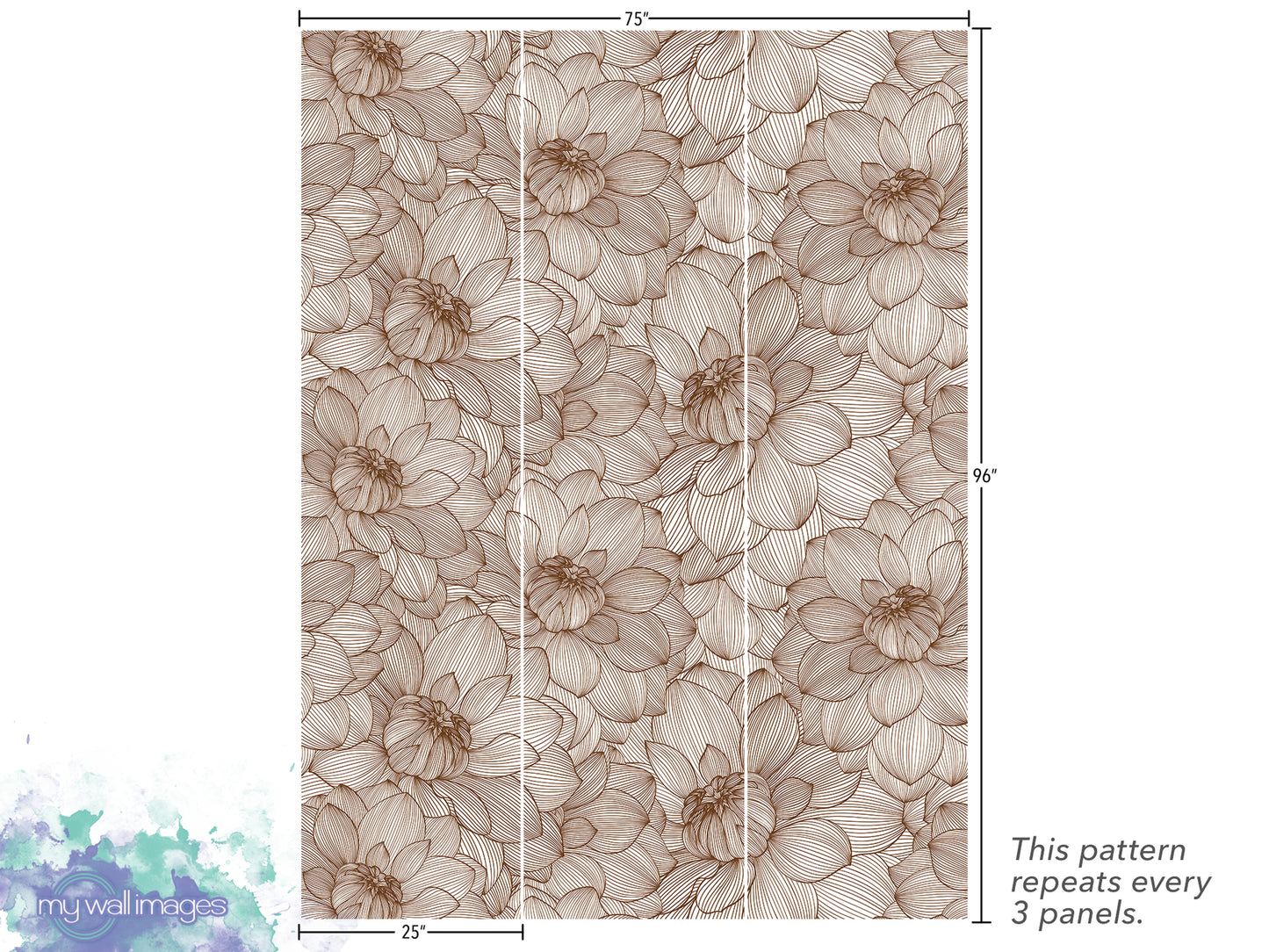 a repeating pattern of brown flowers on a white background. The pattern repeats every 3 panels, and the image is 25 inches wide.