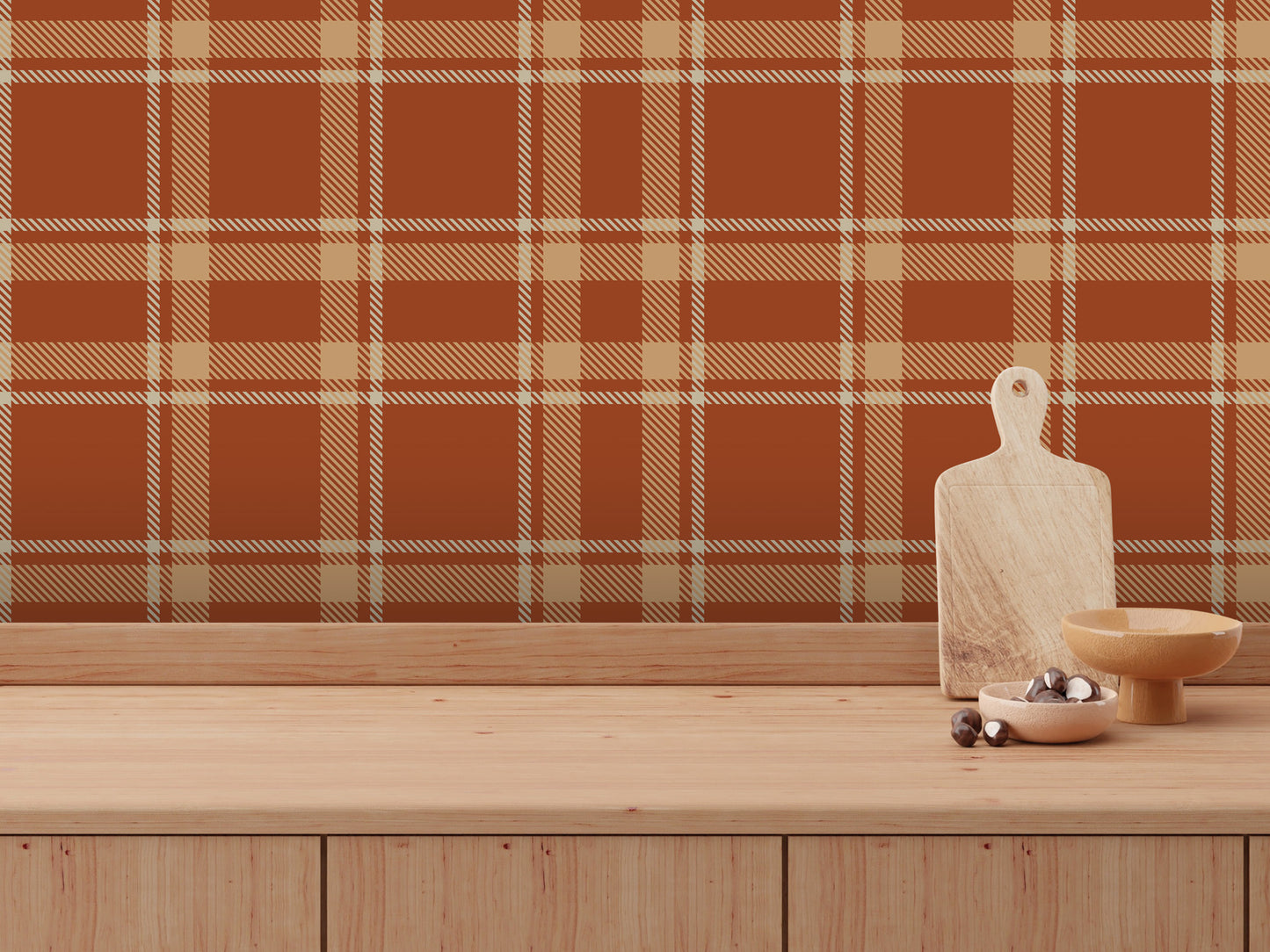 a wooden table with a wooden cutting board, a bowl, and a small wooden bowl on it. The table is set against a wall with a plaid pattern in shades of orange and white.