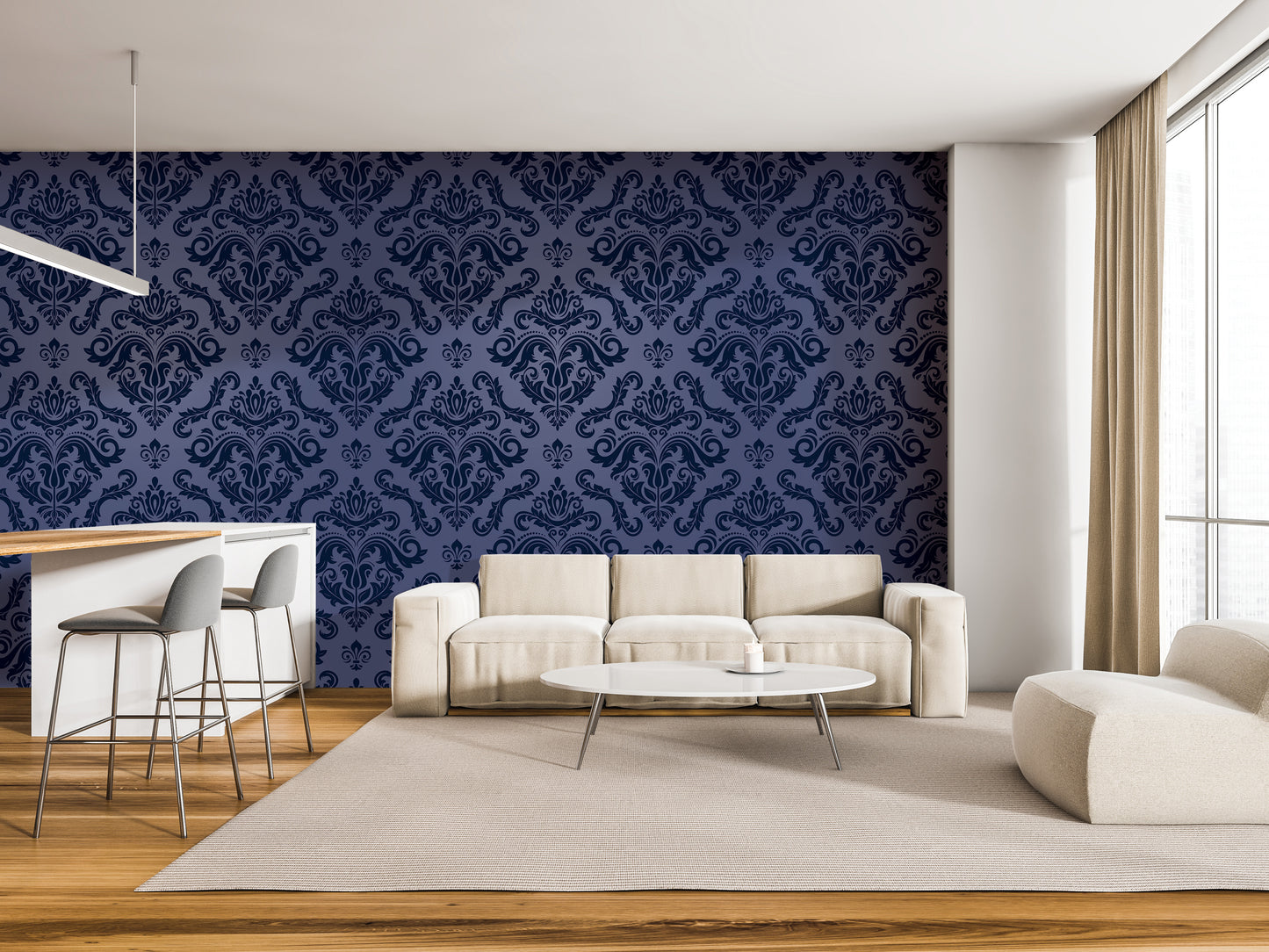 a modern living room with a large blue patterned wallpaper covering the wall behind a white sofa and a coffee table. The room also includes a bar area with stools and a white countertop.