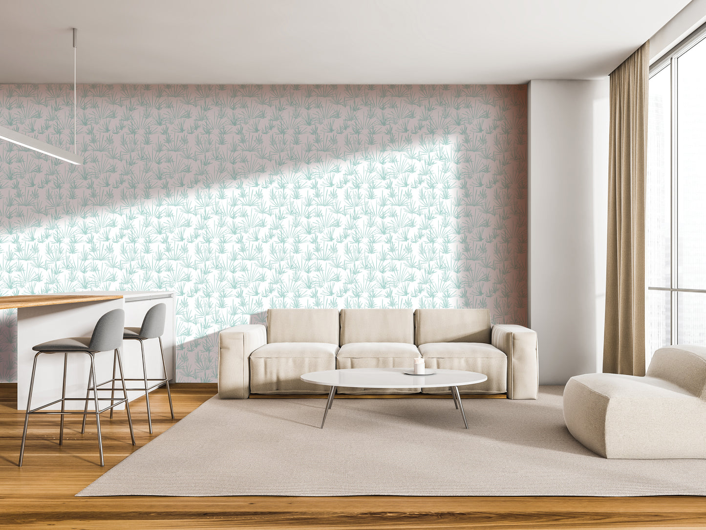 a modern living room with a large window, a white sofa, a round coffee table, and a barstool.