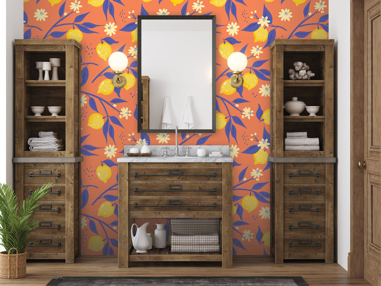 a bathroom with a wooden vanity and a mirror above it, set against a vibrant orange and yellow floral wallpaper. The room also includes wooden cabinets and shelves, creating a cohesive and stylish design.