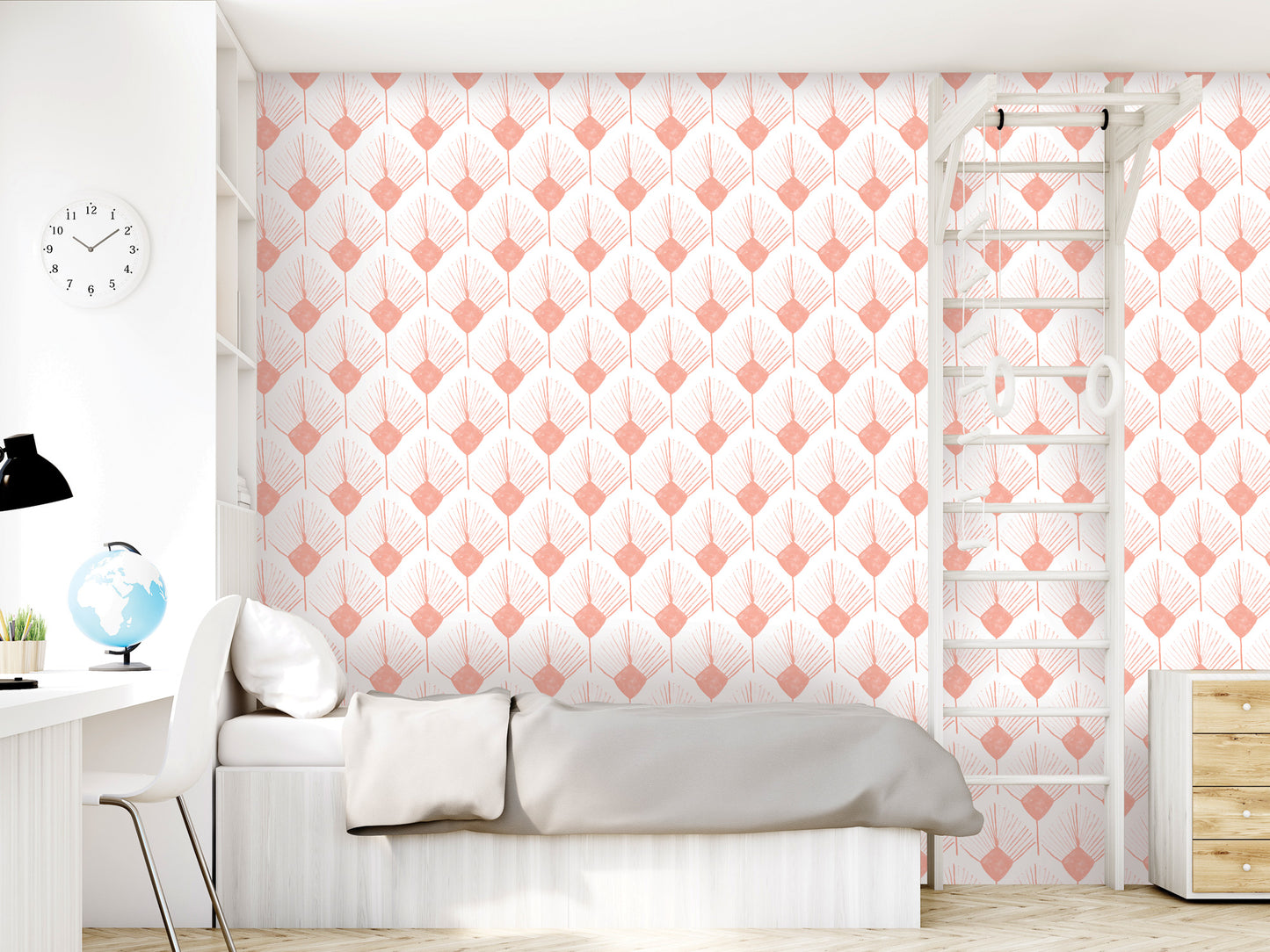a modern bedroom with a white bed, a dresser, and a ladder. The walls are covered in a repeating pattern of pink and white geometric designs.