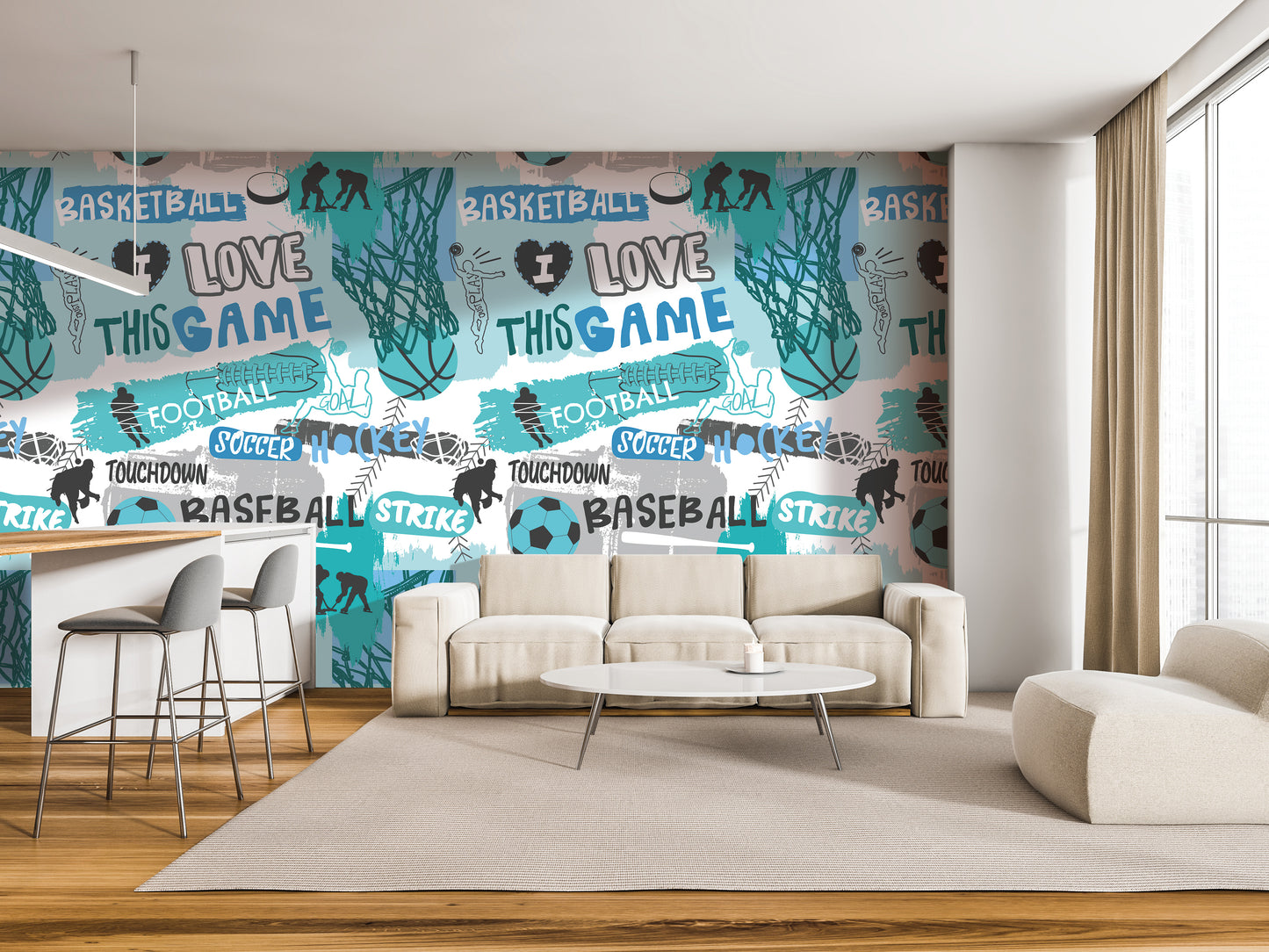 a modern living room with a large wall mural that covers the entire wall. The mural is filled with various sports-related words and phrases, such as "BASKETBALL", "LOVE THIS GAME", "FOOTBALL", "TOWDOWN", "BASEBALL", "STRIKE", and "HOCKEY". The room also includes a white sofa, a coffee table, and a barstool, creating a comfortable and inviting atmosphere.