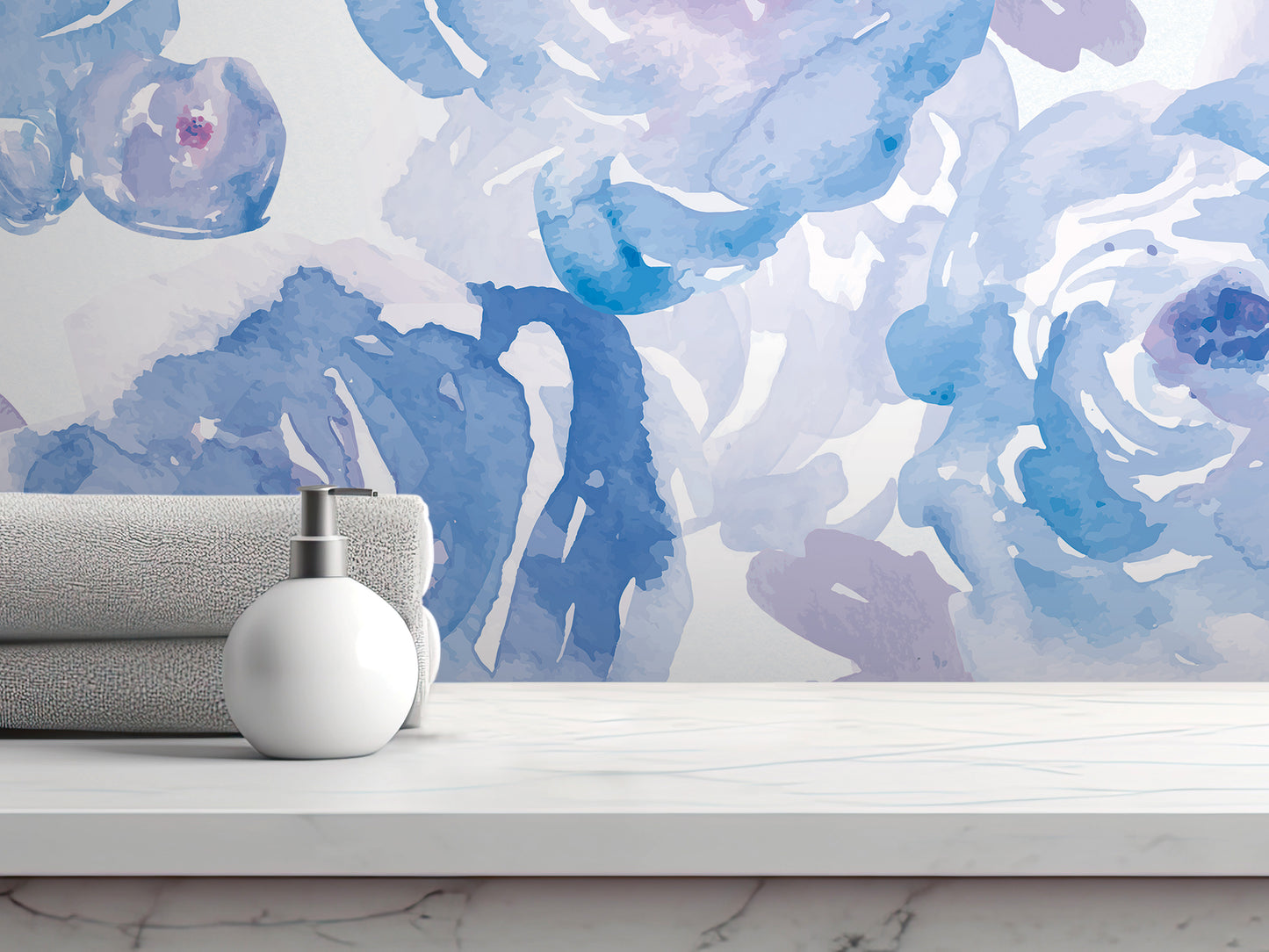 a white shelf with a white soap dispenser and a gray towel, set against a vibrant blue and purple abstract floral wallpaper.
