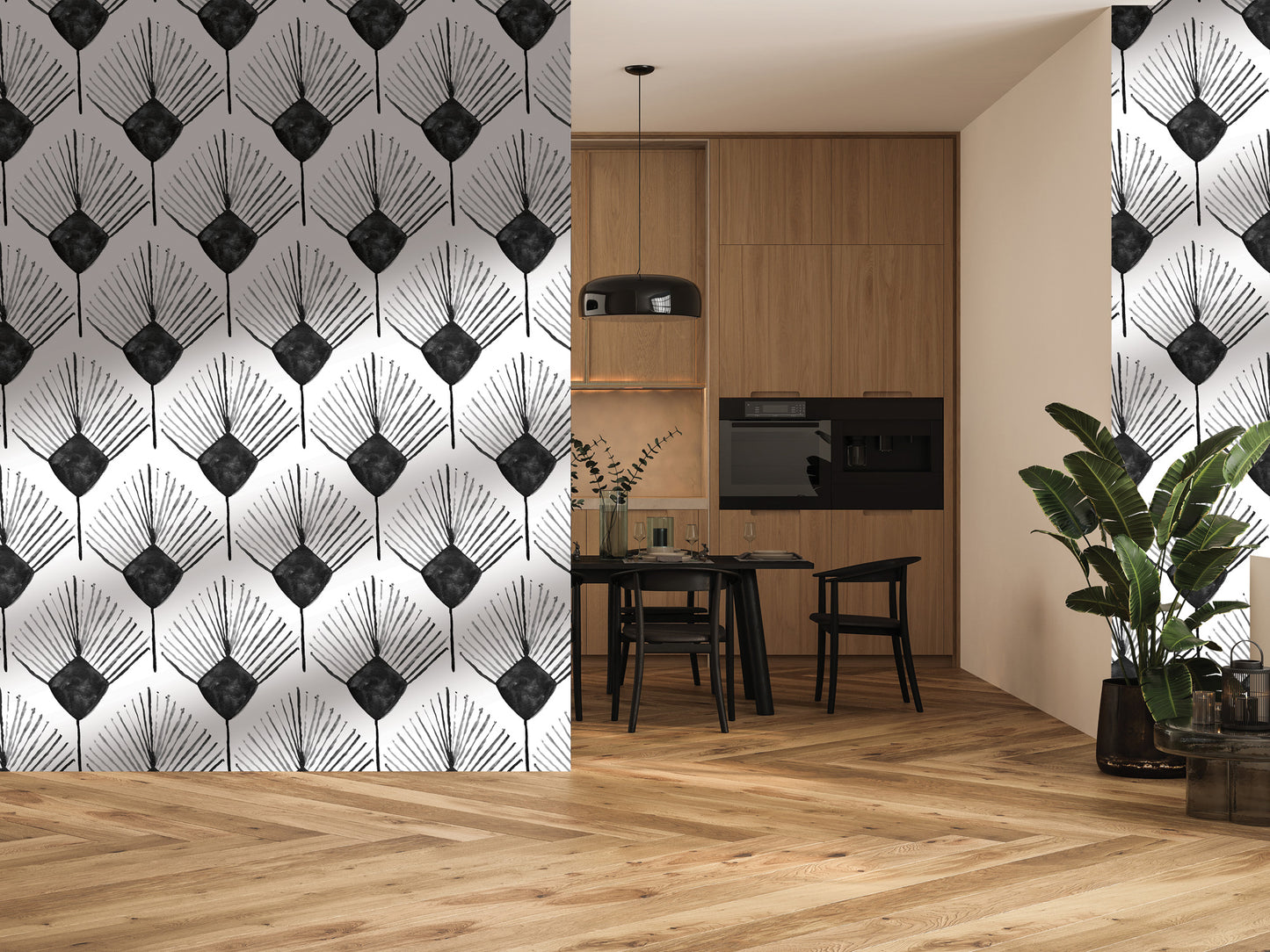 a modern kitchen with a black and white patterned wall, a wooden dining table, and chairs. The kitchen is well-lit and has a clean, minimalist design.