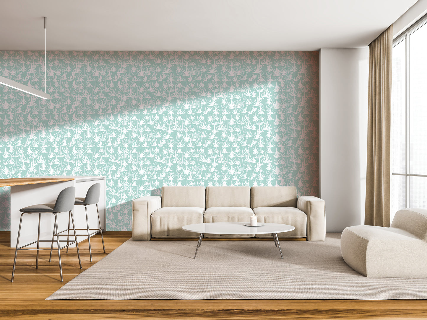 a modern living room with a large window, a white sofa, a round coffee table, and a barstool. The walls are covered in a patterned wallpaper, and the room has a minimalist and clean design.