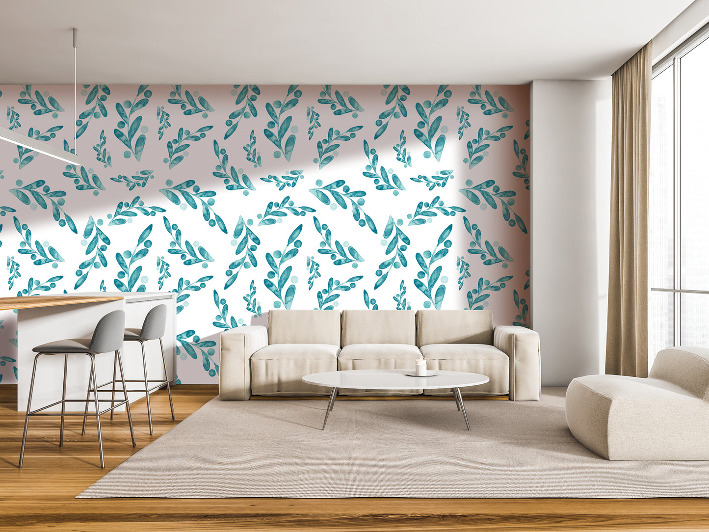 a modern living room with a white sofa, a round coffee table, and a bar with stools. The walls are covered in a patterned wallpaper with green leaves, creating a lively and vibrant atmosphere.