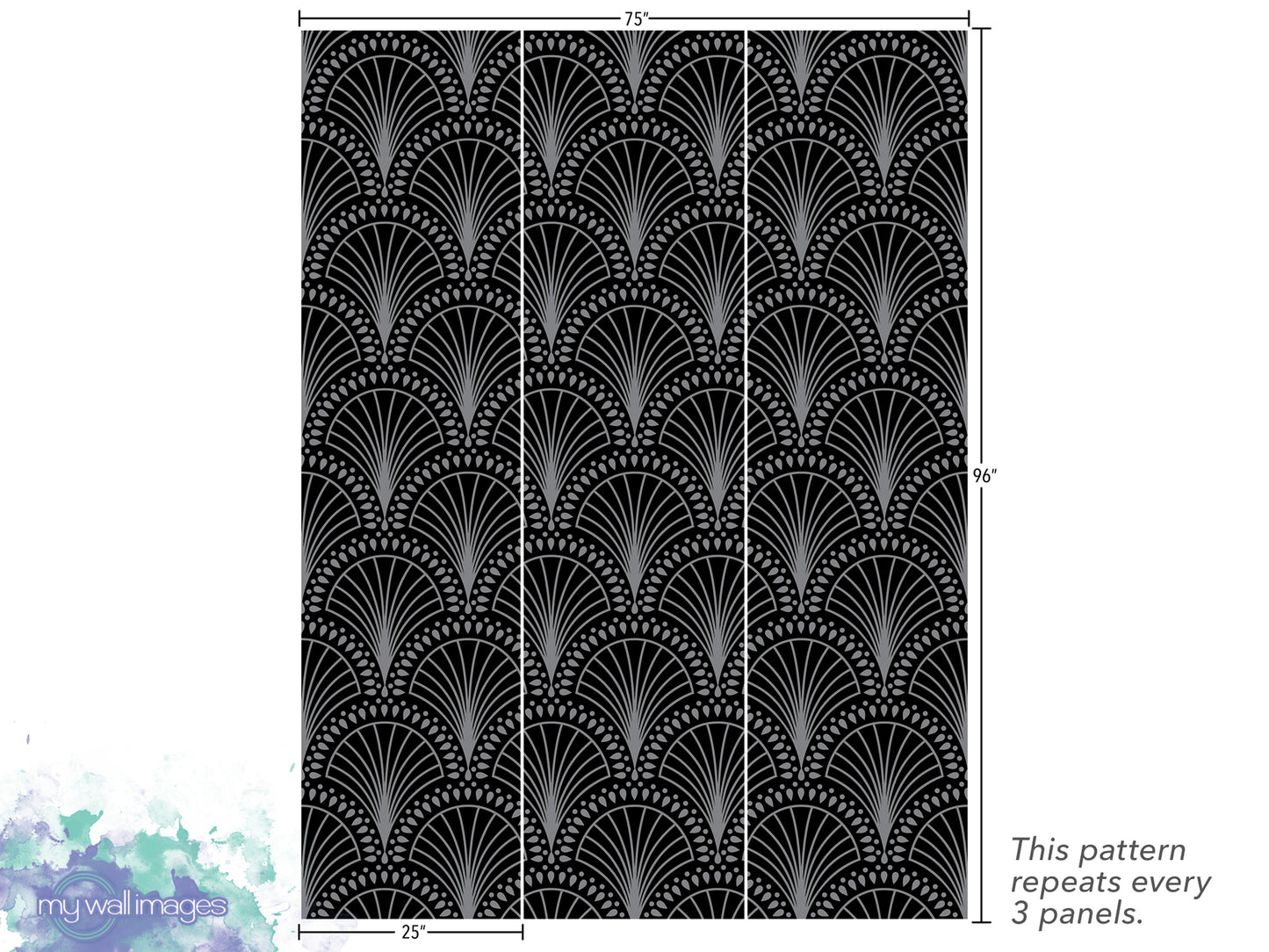 a repeating pattern of black and white scales or shells, which appears to be a wallpaper design. The pattern repeats every 3 panels, and the image is 25 inches wide.