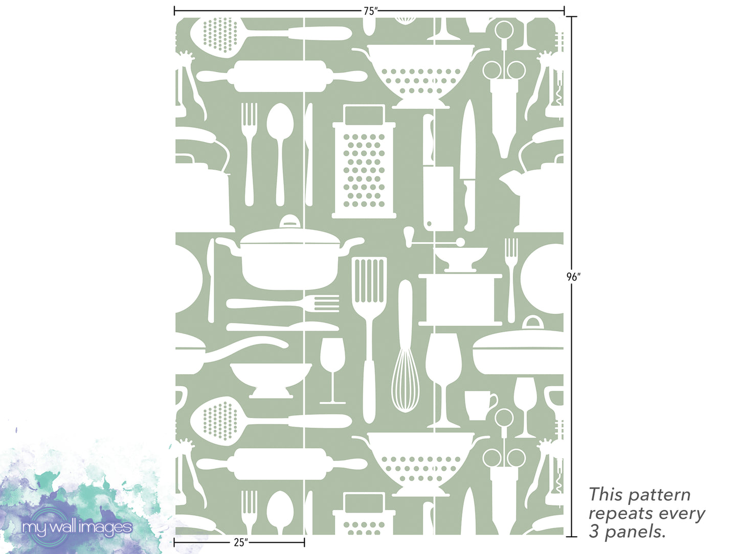 The image is a repeating pattern of various kitchen utensils and appliances, such as spoons, knives, bowls, and wine glasses, arranged in a grid-like layout. The pattern repeats every 3 panels, and the image is 25 inches wide.