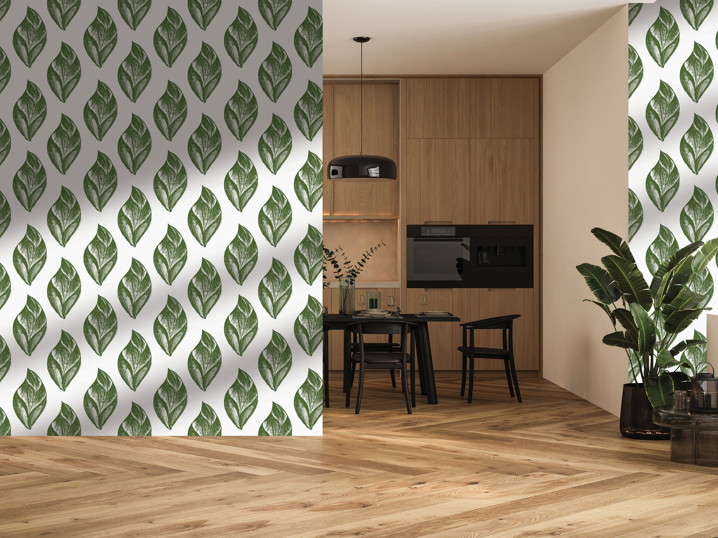 a modern kitchen with a dining area, both adorned with a repeating pattern of green leaf designs on the walls. The kitchen has a wooden floor and includes a dining table with chairs, while the dining area has a black table and chairs. The space is decorated with potted plants and vases, adding a touch of greenery to the overall design.