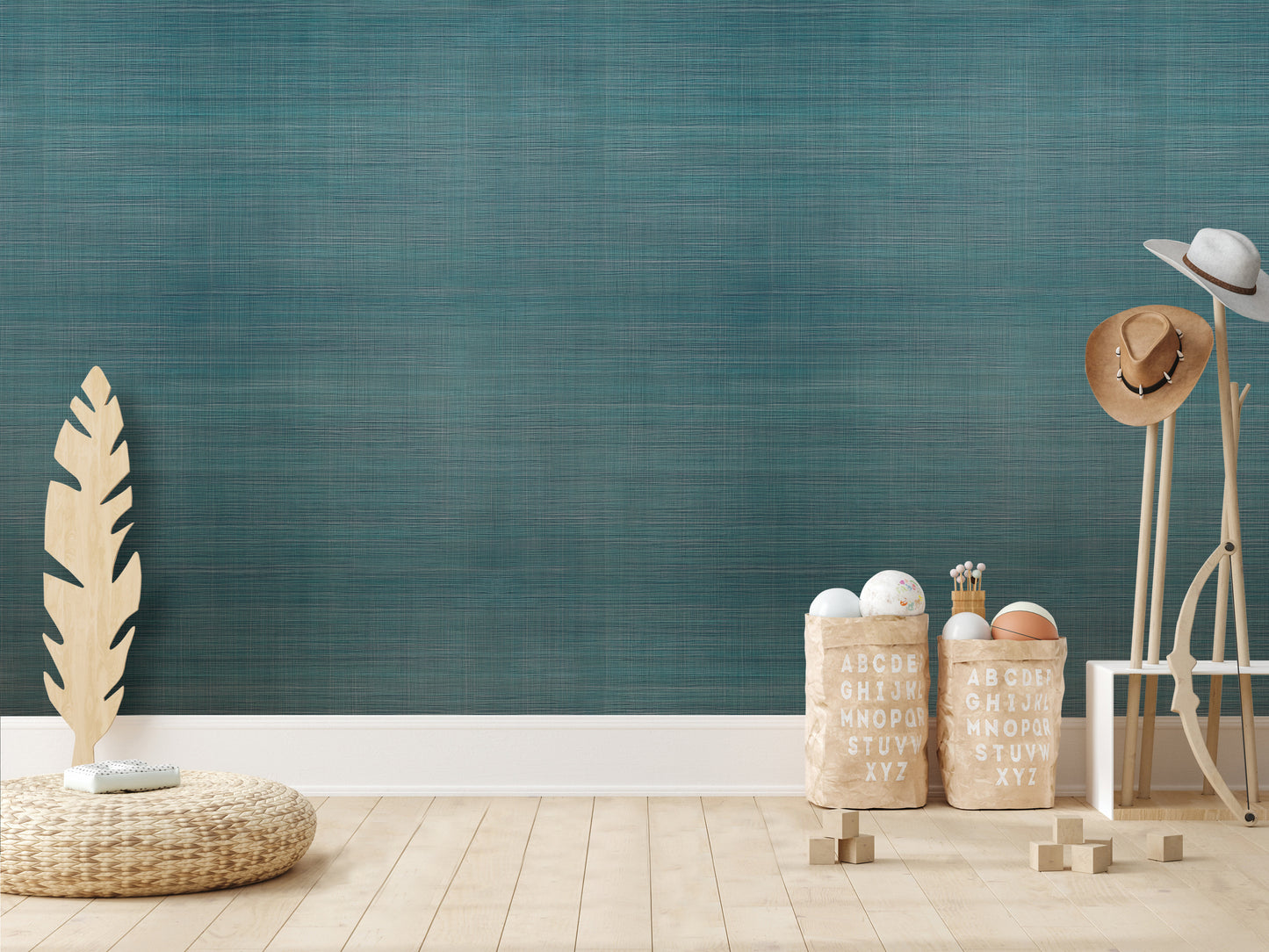a room with a blue textured wall, a wooden floor, and various objects such as a feather, a hat rack, and a basket of balls.