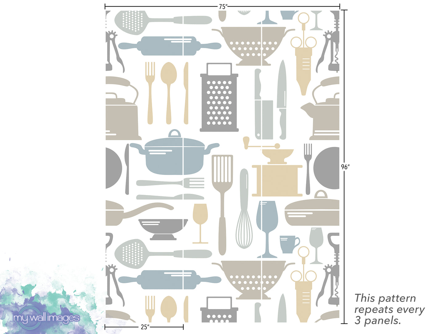 The image is a pattern of various kitchen utensils and appliances, including spoons, knives, bowls, and other tools, arranged in a repeating design.
