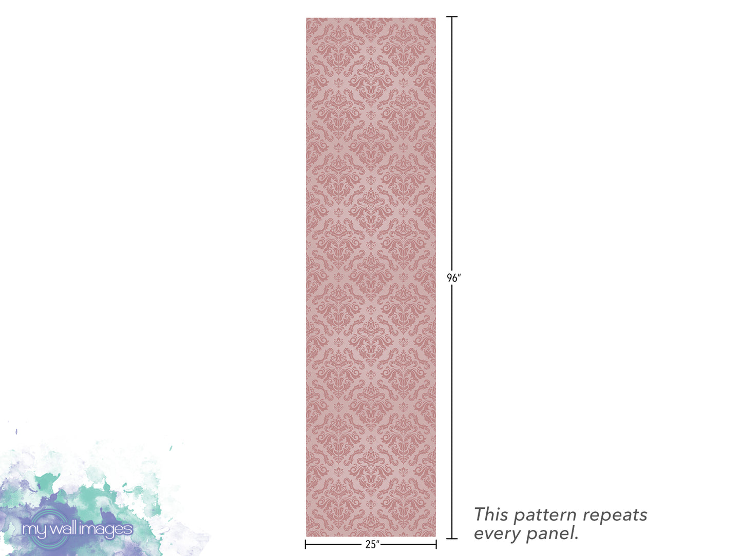a repeating pattern of a pink and white damask design, which is described as a pattern that repeats every panel.