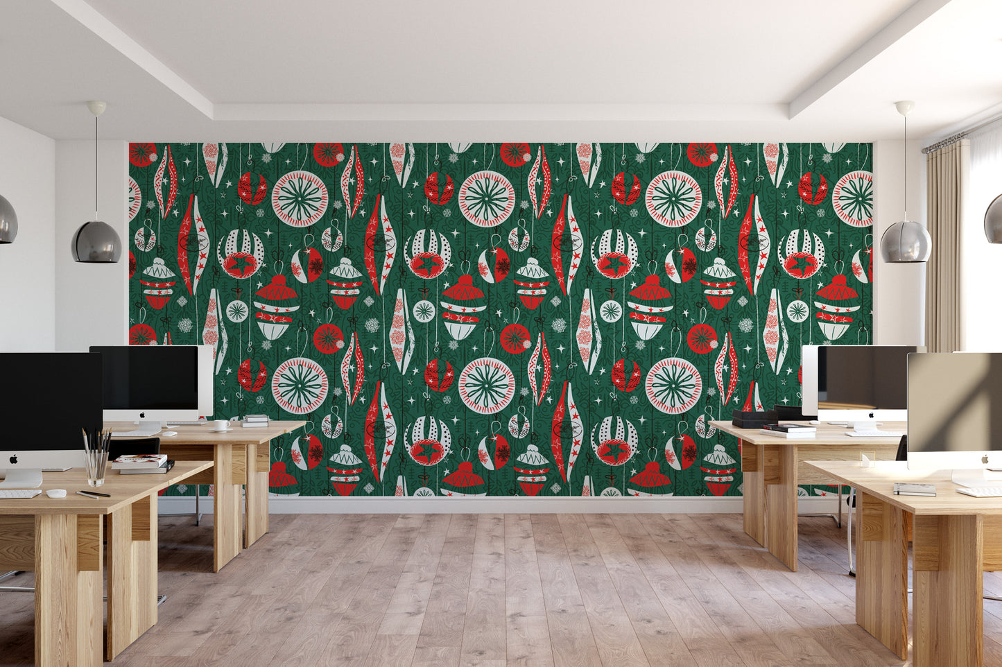 a modern office space with a large wall mural featuring a repeating pattern of Christmas ornaments in red, green, and white colors. The office has several desks and chairs, and the overall design has a contemporary and festive feel.