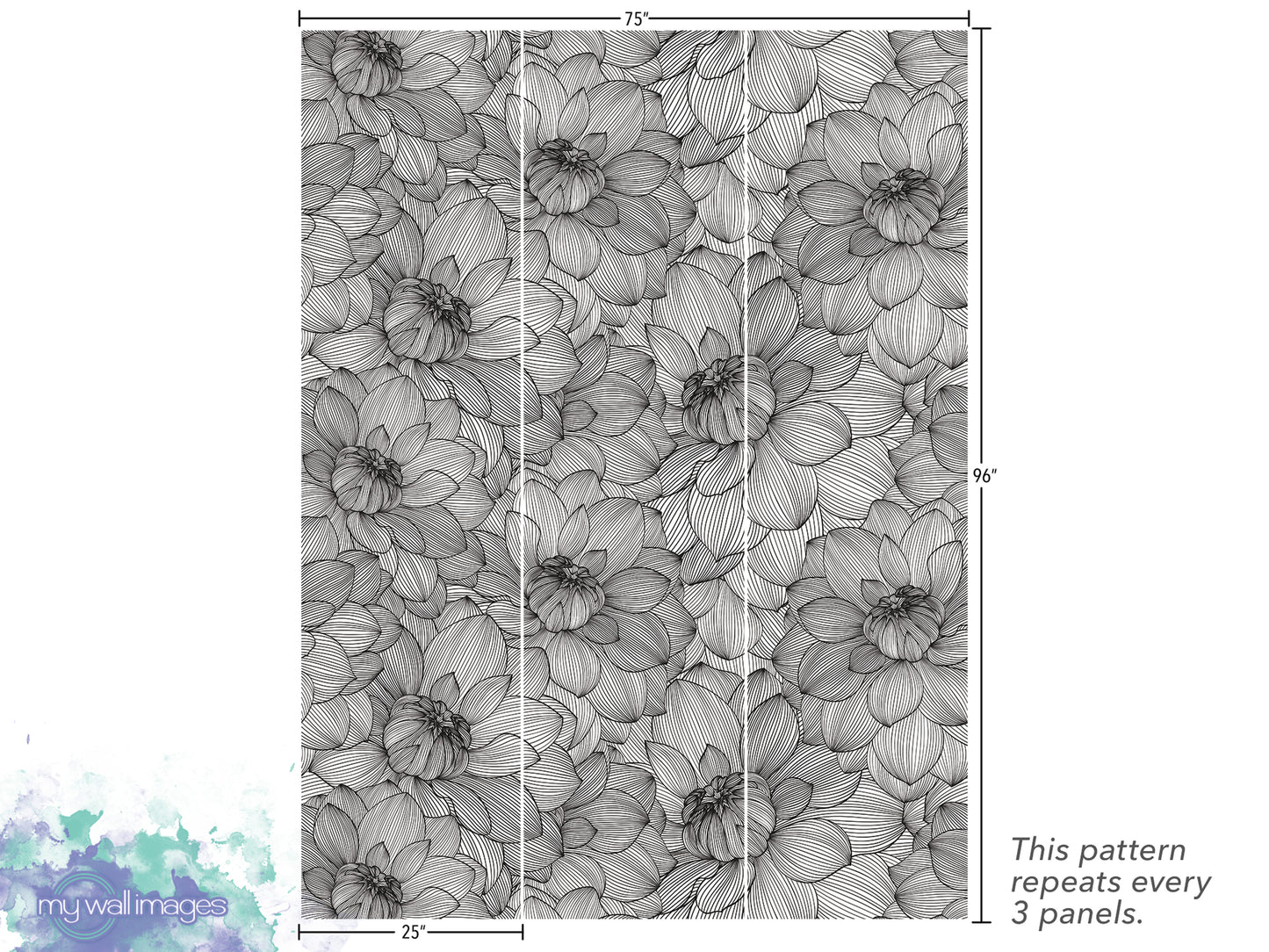a repeating pattern of black and white flowers or leaves, with the pattern repeating every 3 panels.