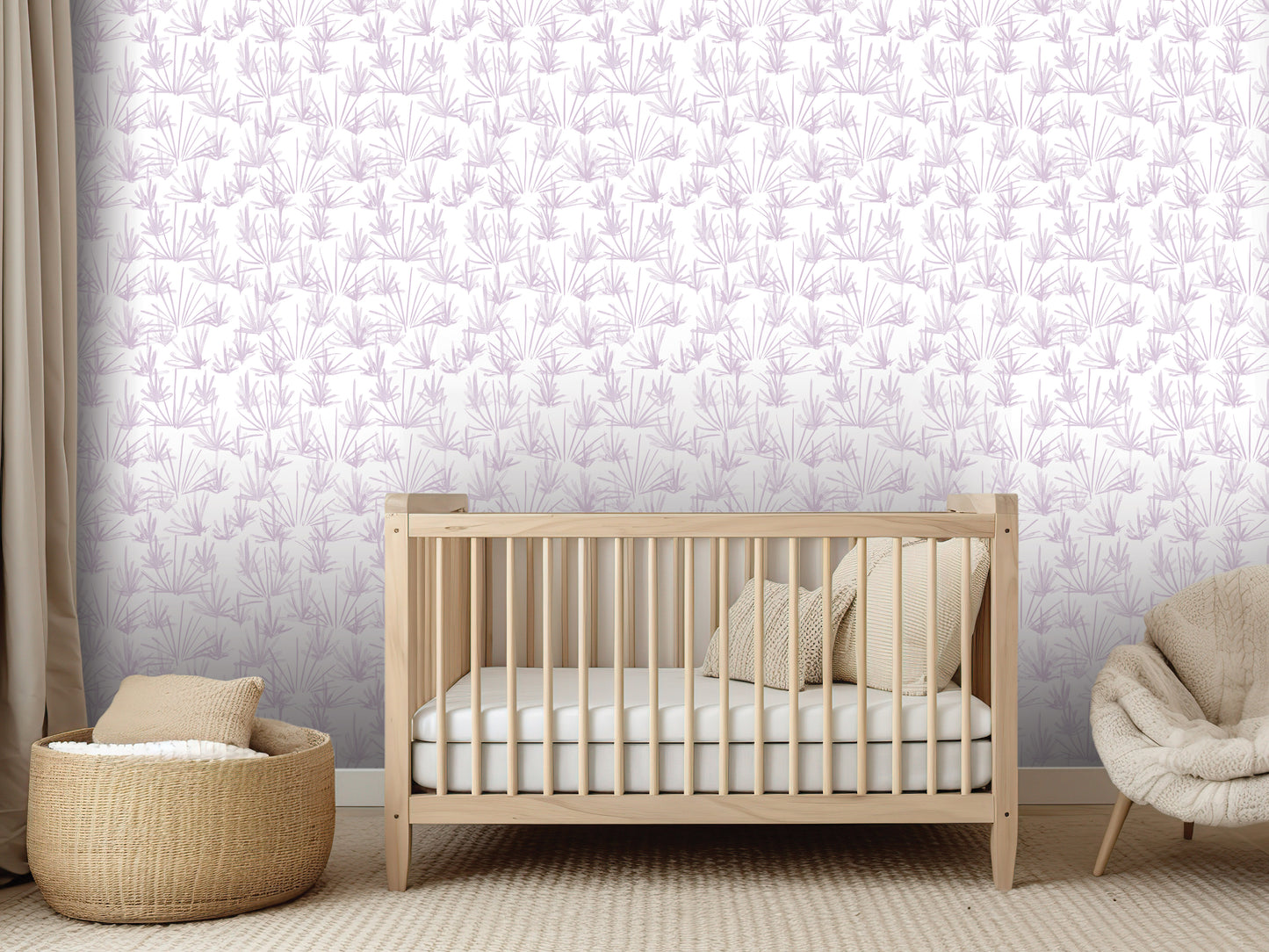 a nursery room with a wooden crib, a woven basket, and a plush chair. The walls are covered in a patterned wallpaper, and the room has a neutral color scheme with beige tones.