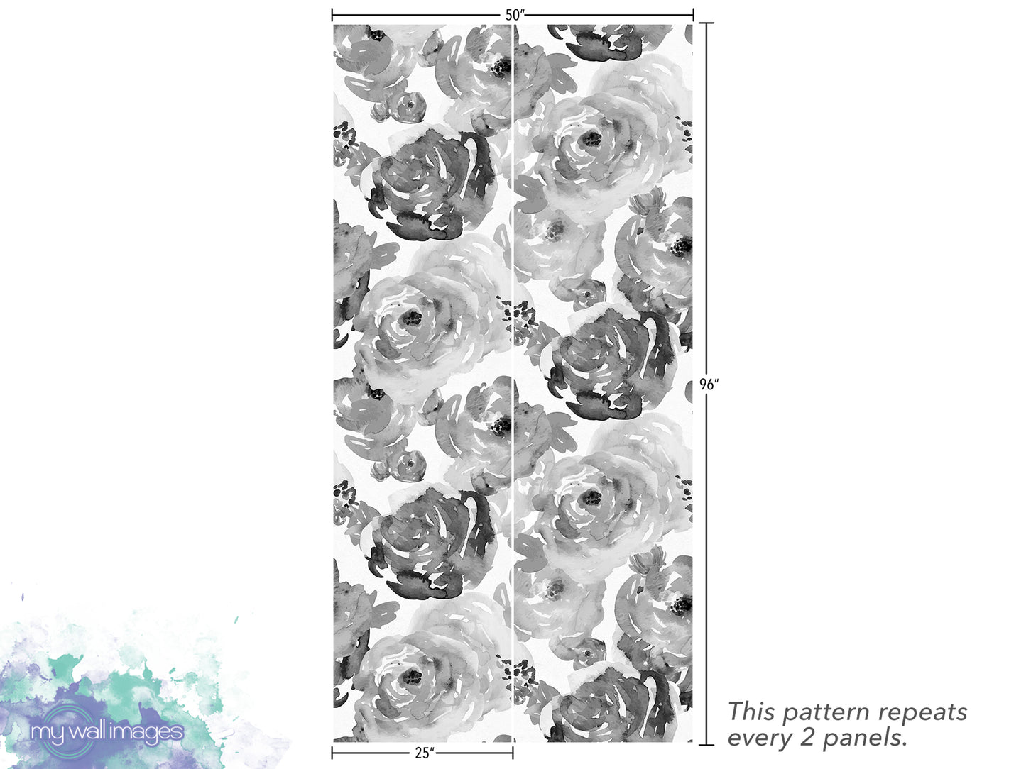 a repeating pattern of black and white watercolor flowers, with the pattern repeating every 2 panels.