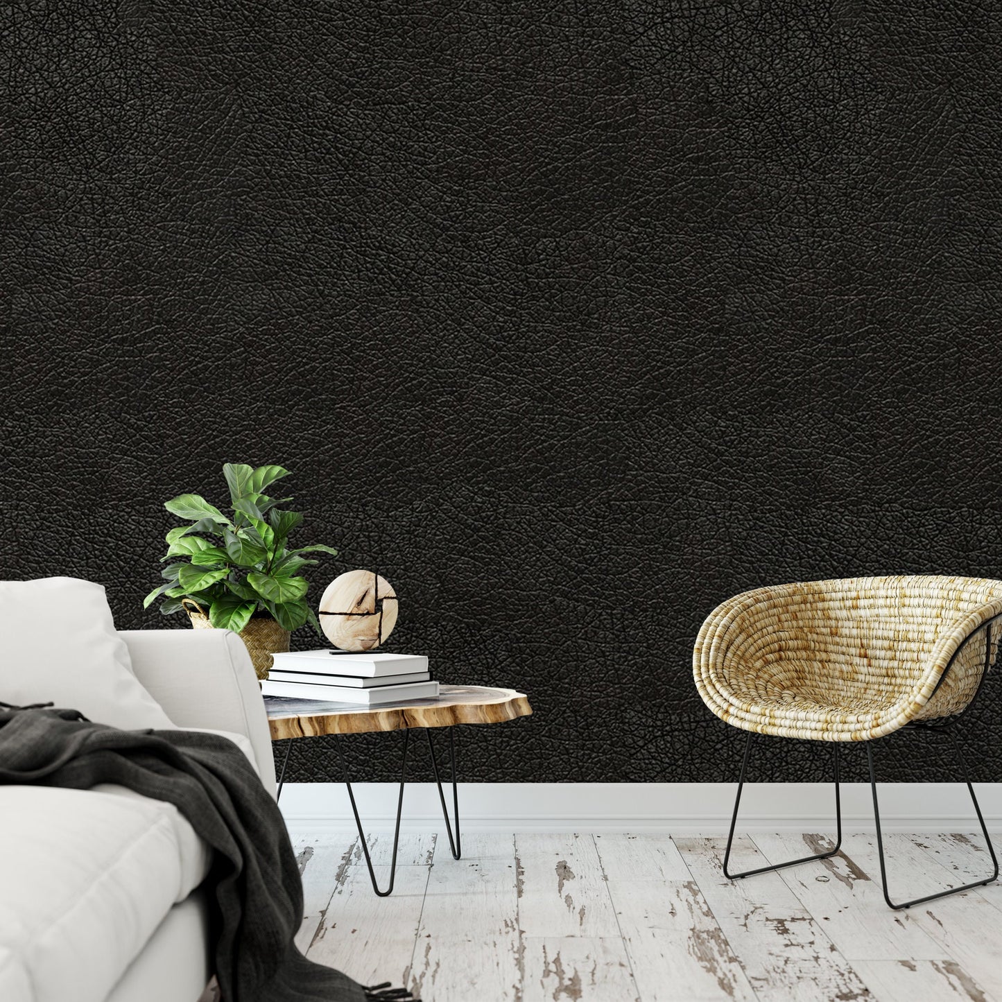 Black Leather Faux Texture Wallpaper | Peel and Stick Wall Mural (MW1527)