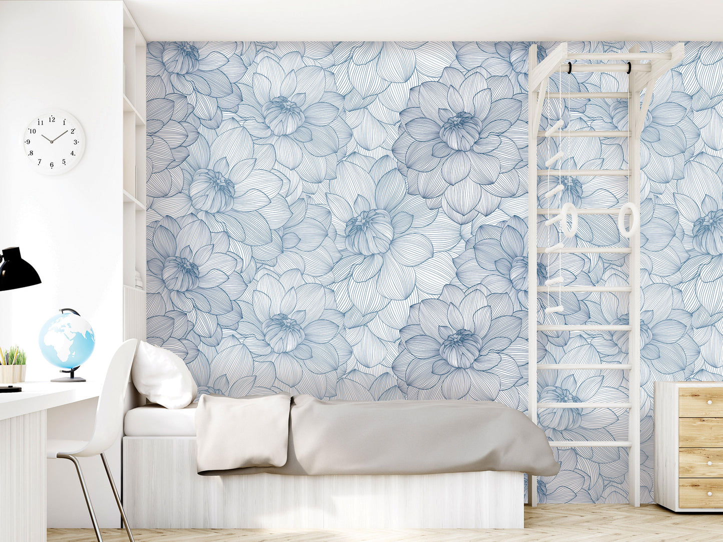 a bedroom with a bed, a clock, a globe, and a ladder. The wall behind the bed has a blue floral pattern.