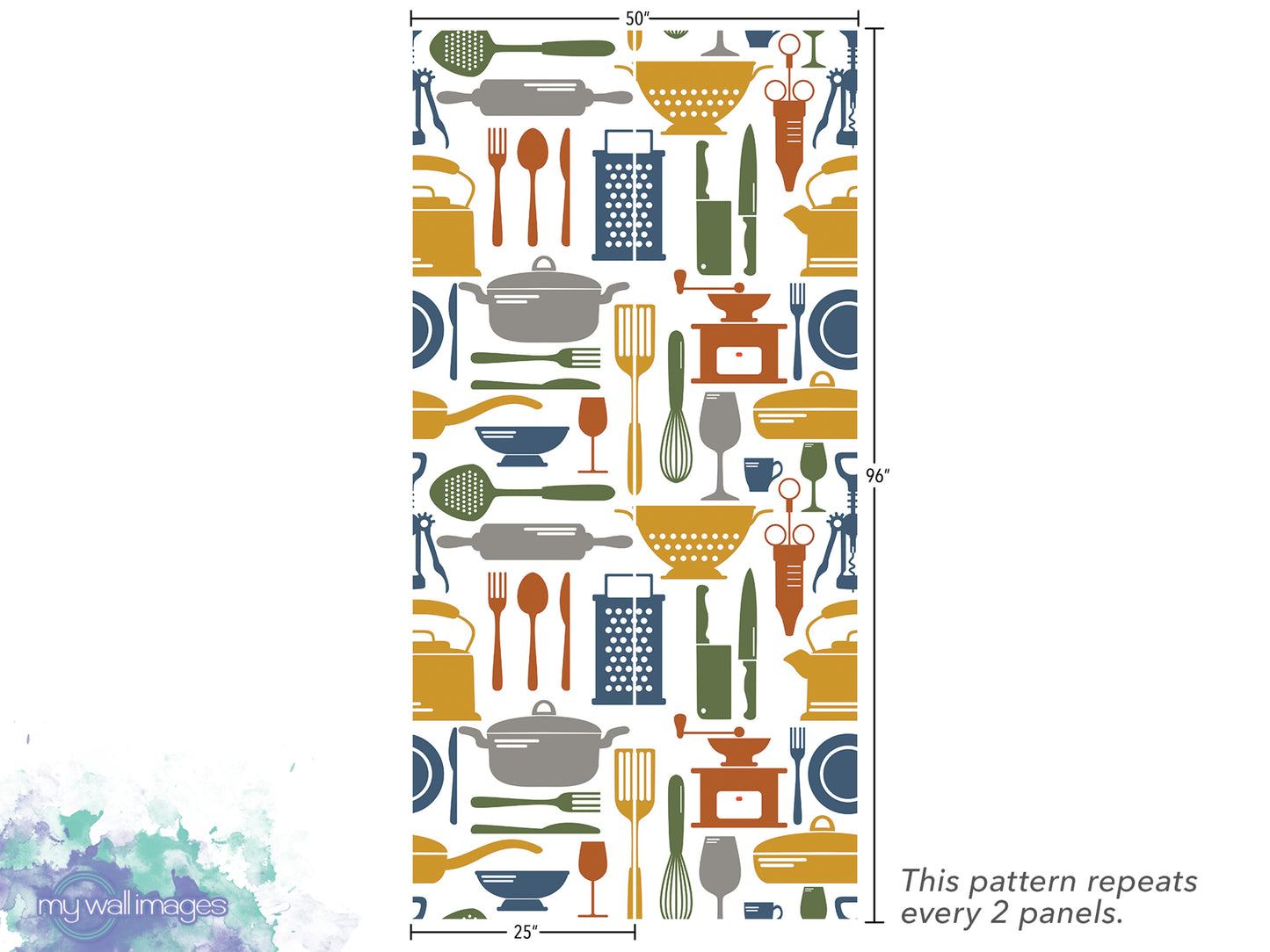 a repeating pattern of various kitchen utensils and appliances, such as spoons, bowls, knives, and graters, arranged in a vertical column. The pattern repeats every 2 panels, and the image is described as a "collage of multiple images" and "25' x 50'".