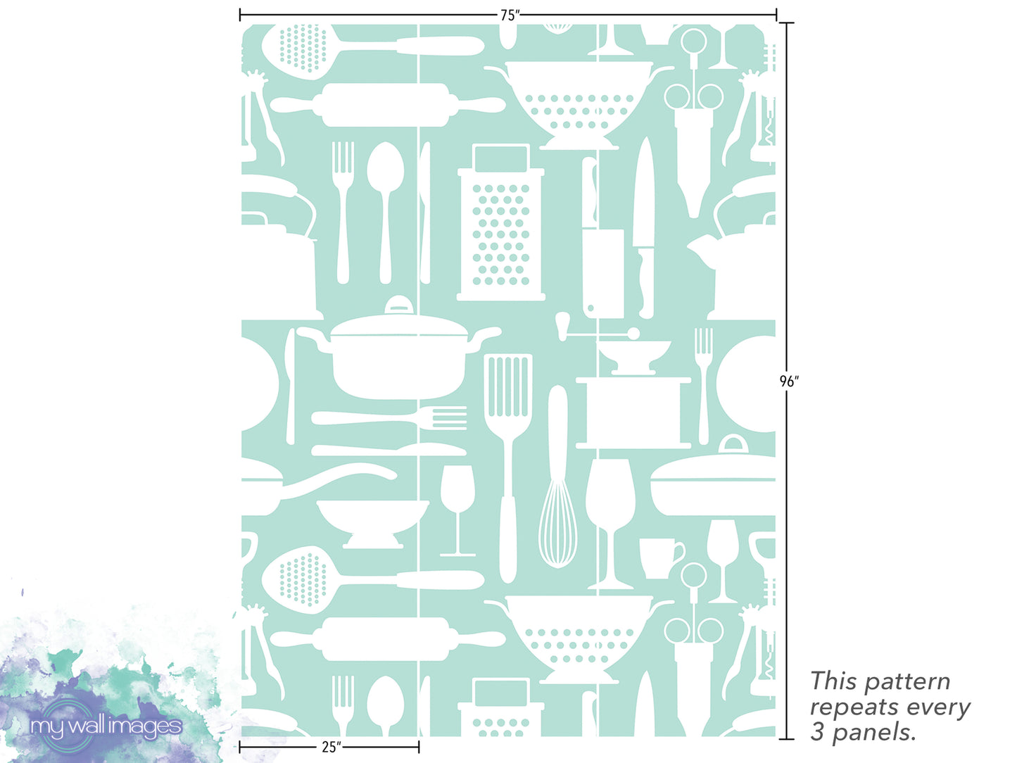 The image is a pattern of various kitchen utensils and appliances, including spoons, knives, bowls, and other kitchen items, arranged in a repeating design.