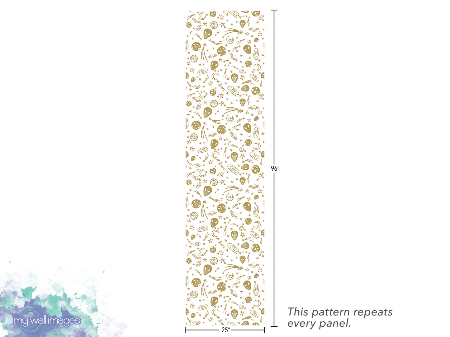 The image is a repeating pattern of gold stars and dots on a white background. The pattern repeats every panel, as indicated by the text.