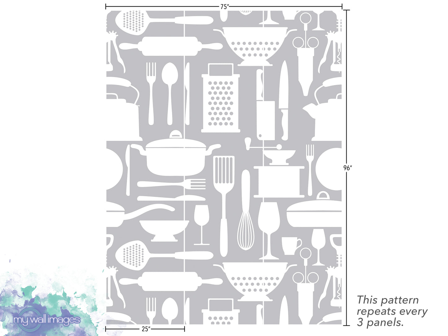 a repeating pattern of various kitchen utensils and appliances, such as spoons, knives, graters, and bowls, arranged in a grid-like layout. The pattern repeats every 3 panels, and the image is described as a collage of multiple images. The image is not a single image but a collection of images that together create a visually cohesive design.