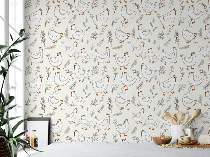 a wall with a repeating pattern of white birds and plants, creating a whimsical and nature-inspired design.