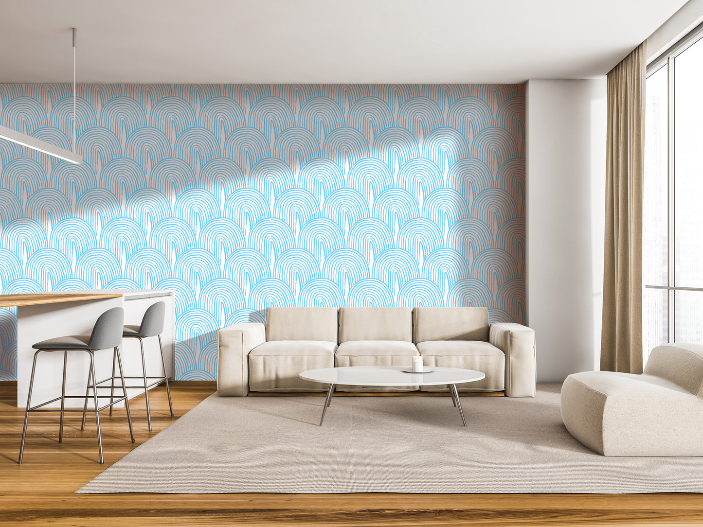a modern living room with a white sofa, a round coffee table, and a barstool. The room has a minimalist and clean design, with a blue and white patterned wallpaper on the wall and a large window providing natural light.
