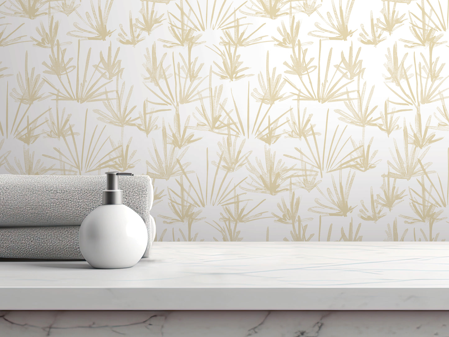 a white countertop with a white soap dispenser and a stack of folded towels. The backdrop is a wall with a repeating pattern of yellow and green leaves.