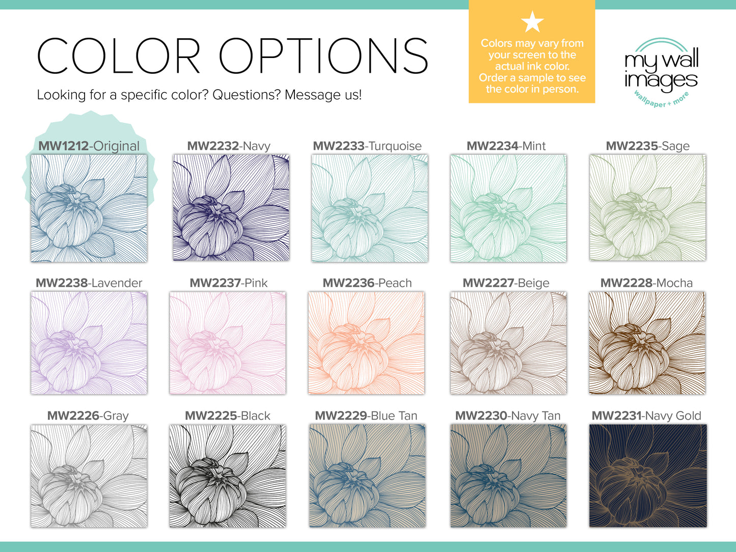 The image is a color options guide for a website called "mywall images". It displays a grid of twelve different flower designs, each with a unique color, allowing users to choose the color that best matches their screen color. The guide provides a visual representation of the color options available for each design, helping users select the color that best suits their screen color.