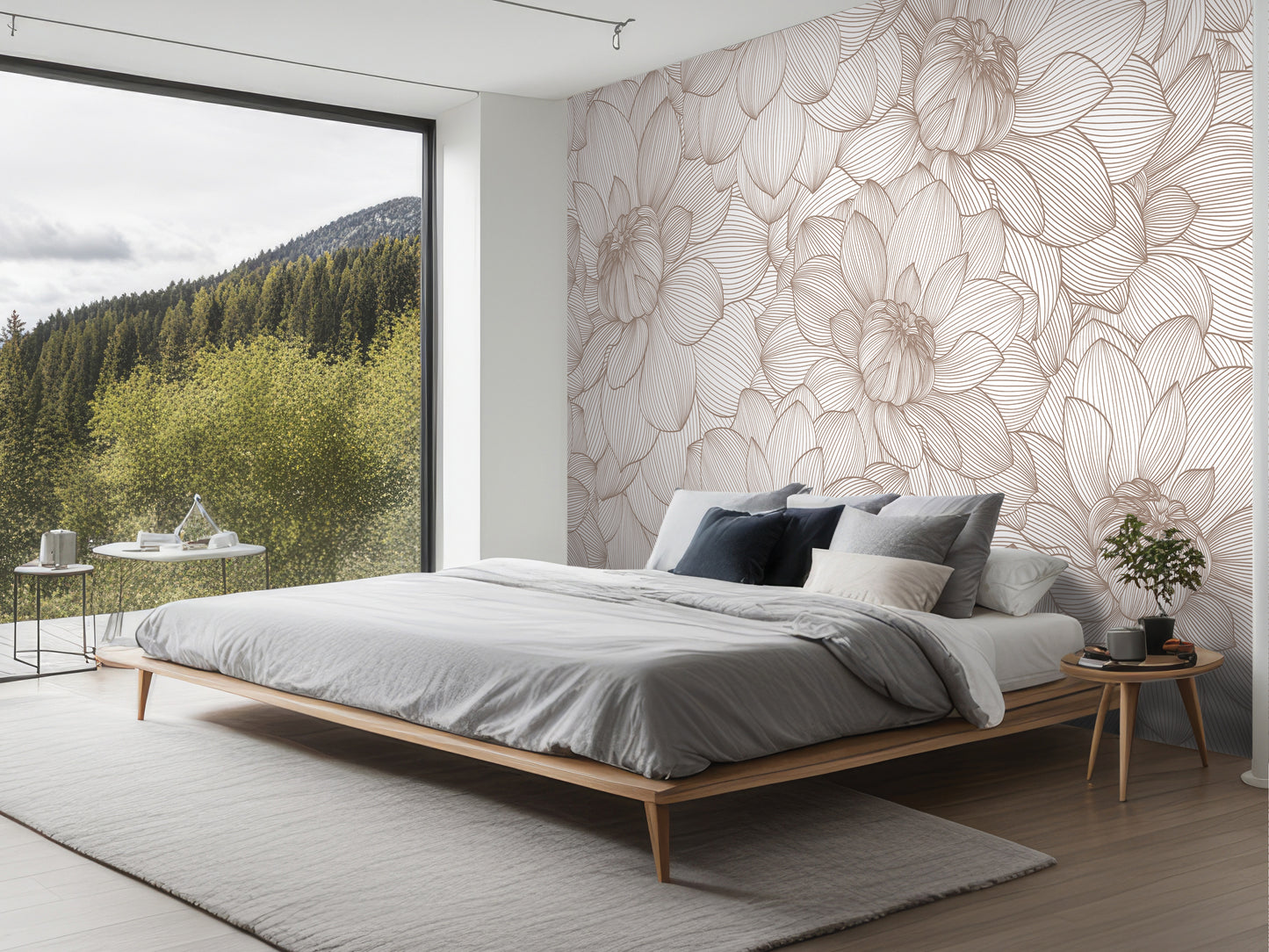 a modern bedroom with a large bed, a nightstand, and a large window overlooking a forested area.