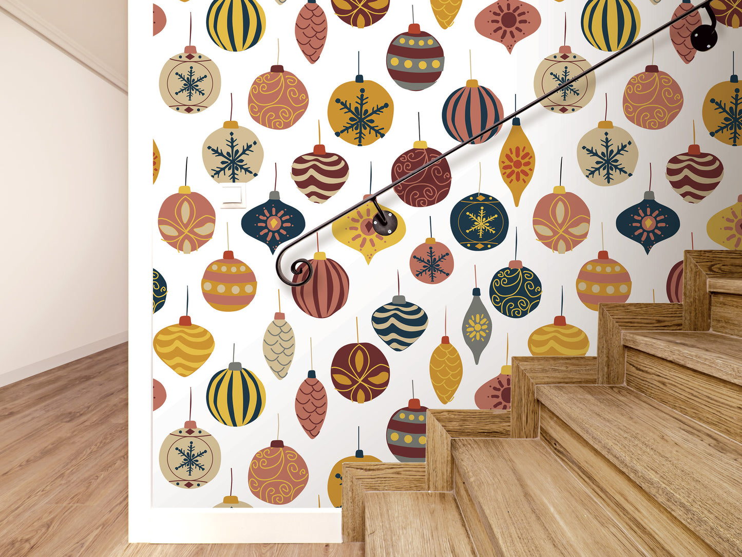 a wall with a repeating pattern of colorful Christmas ornaments, including snowflakes, stars, and balls, creating a festive and decorative atmosphere.