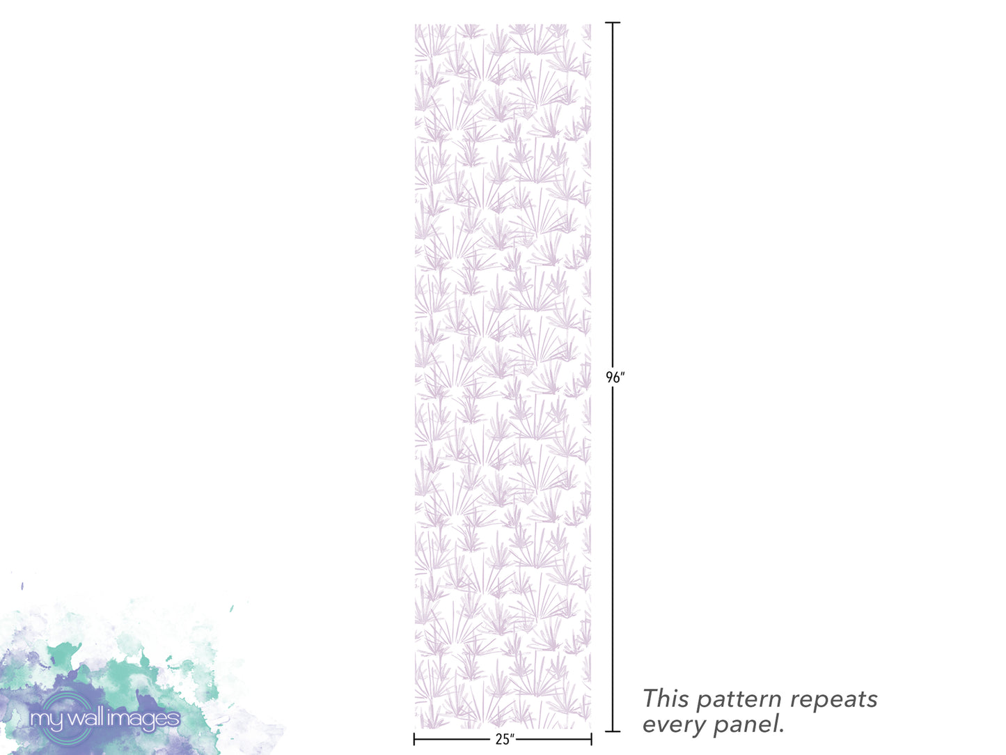 The image is a vertical panel with a repeating pattern of purple flowers or leaves. The pattern repeats every panel, and the image is described as a "repeats every panel" and "25" inches tall.