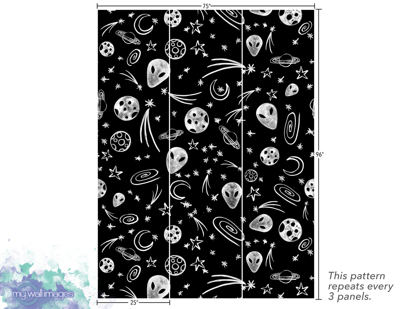 The image is a black and white pattern featuring various celestial objects such as planets, stars, and comets. The pattern repeats every 3 panels, and the image is 25 inches wide.