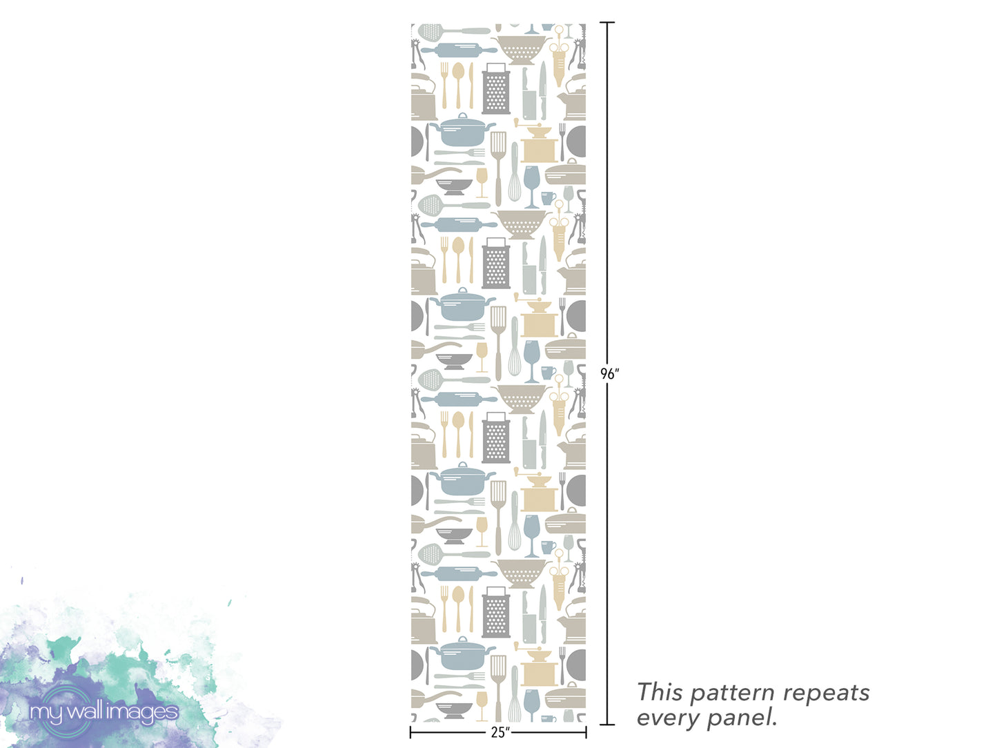 The image is a repeating pattern of various kitchen utensils and appliances, such as spoons, bowls, and measuring cups, arranged in a vertical column. The pattern repeats every panel, and the image is approximately 25 inches tall.