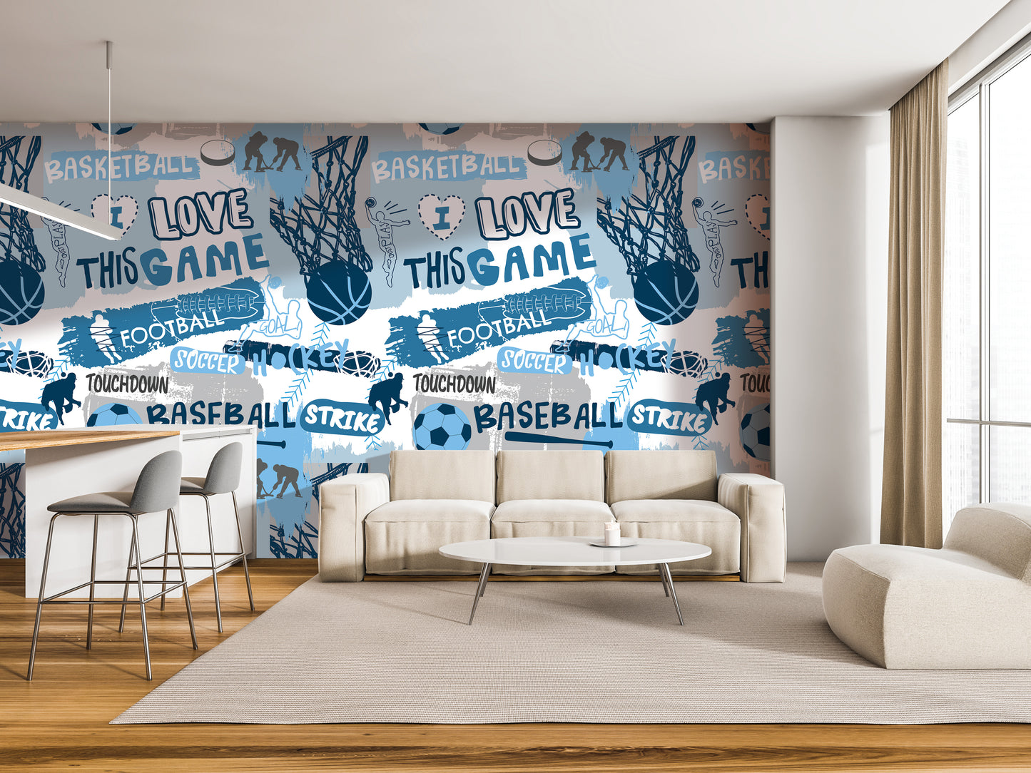 a modern living room with a large wall mural that showcases various sports-related elements, including basketball, football, and baseball. The room is furnished with a white sofa, a coffee table, and a barstool, creating a comfortable and stylish atmosphere.