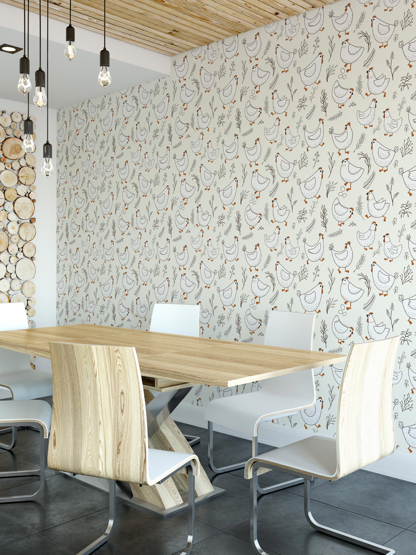 a modern dining room with a wooden table and chairs, a patterned wall behind the table, and hanging lights above the table.