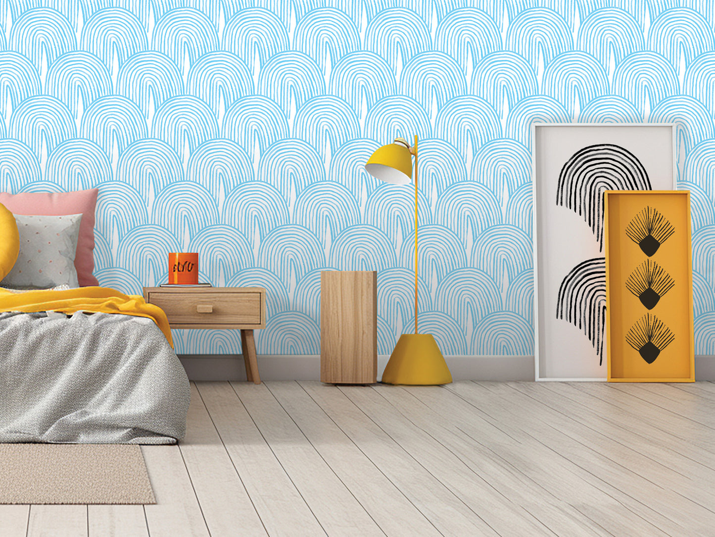 a modern bedroom with a blue and white wave-patterned wallpaper, a wooden bed frame, a yellow floor lamp, a wooden nightstand, and a framed artwork on the wall.