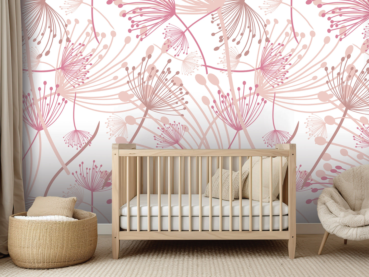 a nursery room with a wooden crib, a woven basket, and a plush chair. The walls are decorated with a floral pattern in shades of pink and white.